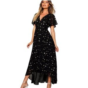 Boohoo Whimsigoth Bohemian Metallic Star Print Wrap Maxi Dress